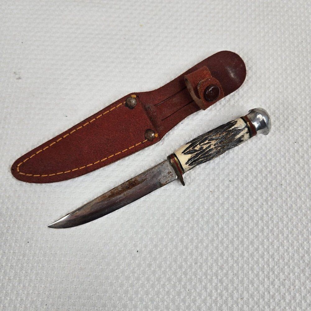 Vintage 60s Fixed Blade Dagger Knife Stag Handle Leather Sheath Japan EA Co